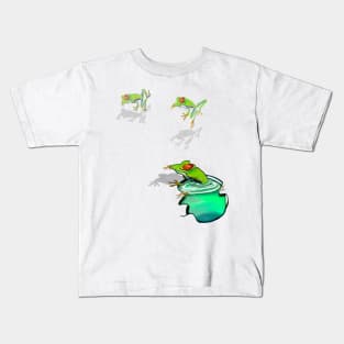 Green Red eyed tree frogs in 3d -  optical illusion rain forest science fiction gift Lizard dragon zoology Kids T-Shirt